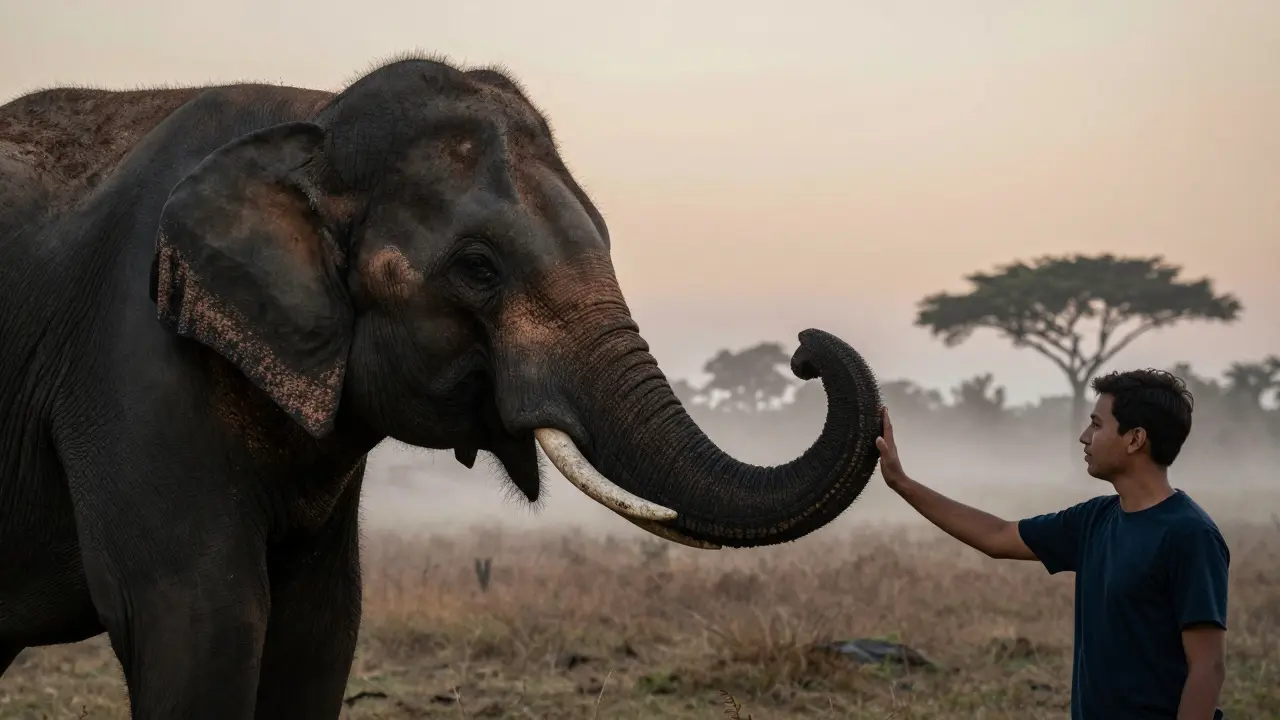 Un elefante extiende su trompa hacia la mano de un voluntario en un momento de confianza silenciosa.