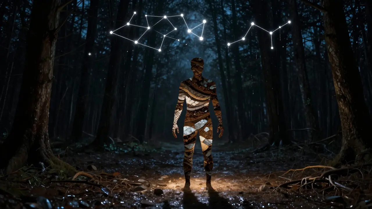 Una silueta humana hecha de tierra y raíces que se recompone mientras se mueve en un claro nocturno, bajo un cielo sin luna.