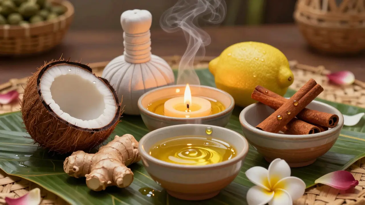 Aceites artesanales balineses en recipientes de cerámica, con ingredientes naturales y luz de vela cálida.