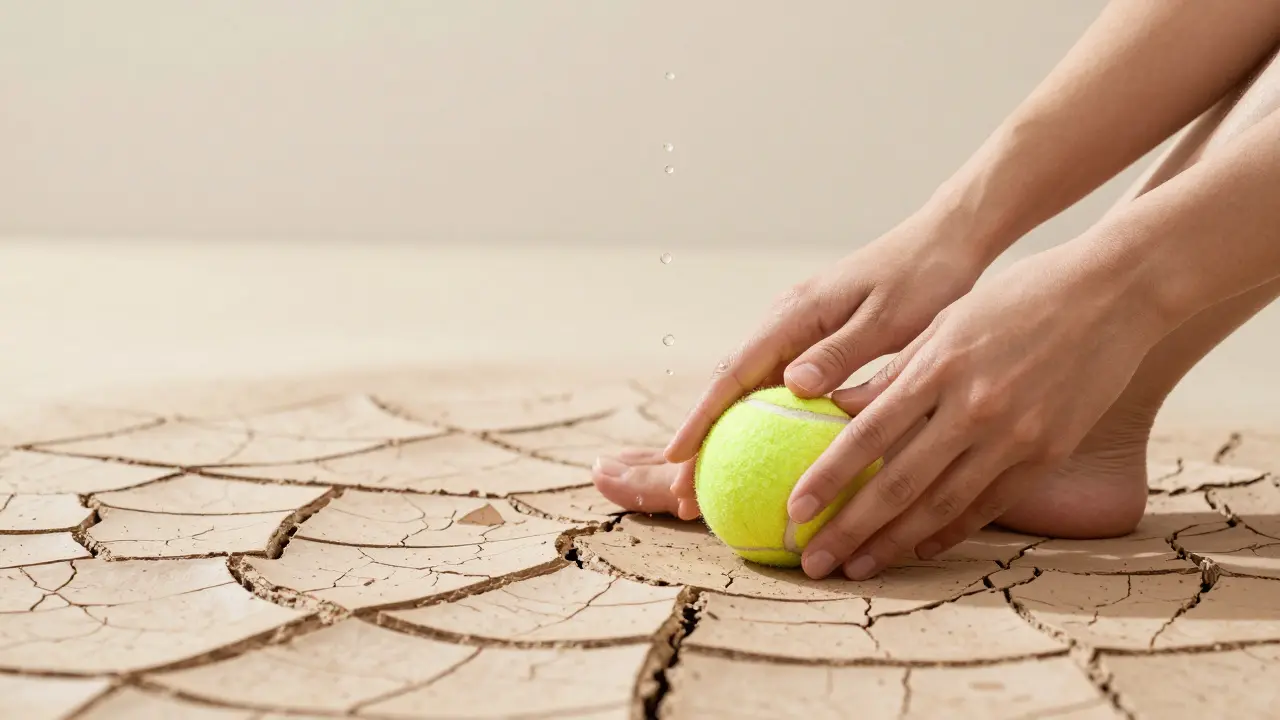 Bola de tenis liberando tensión en la planta del pie mientras gotas de agua rehidratan una fascia agrietada.