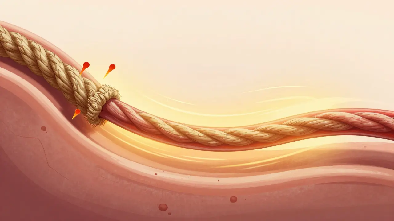 Comparación visual de un tendón rígido y adherido transformándose en uno flexible y deslizante con calor y movimiento controlado.