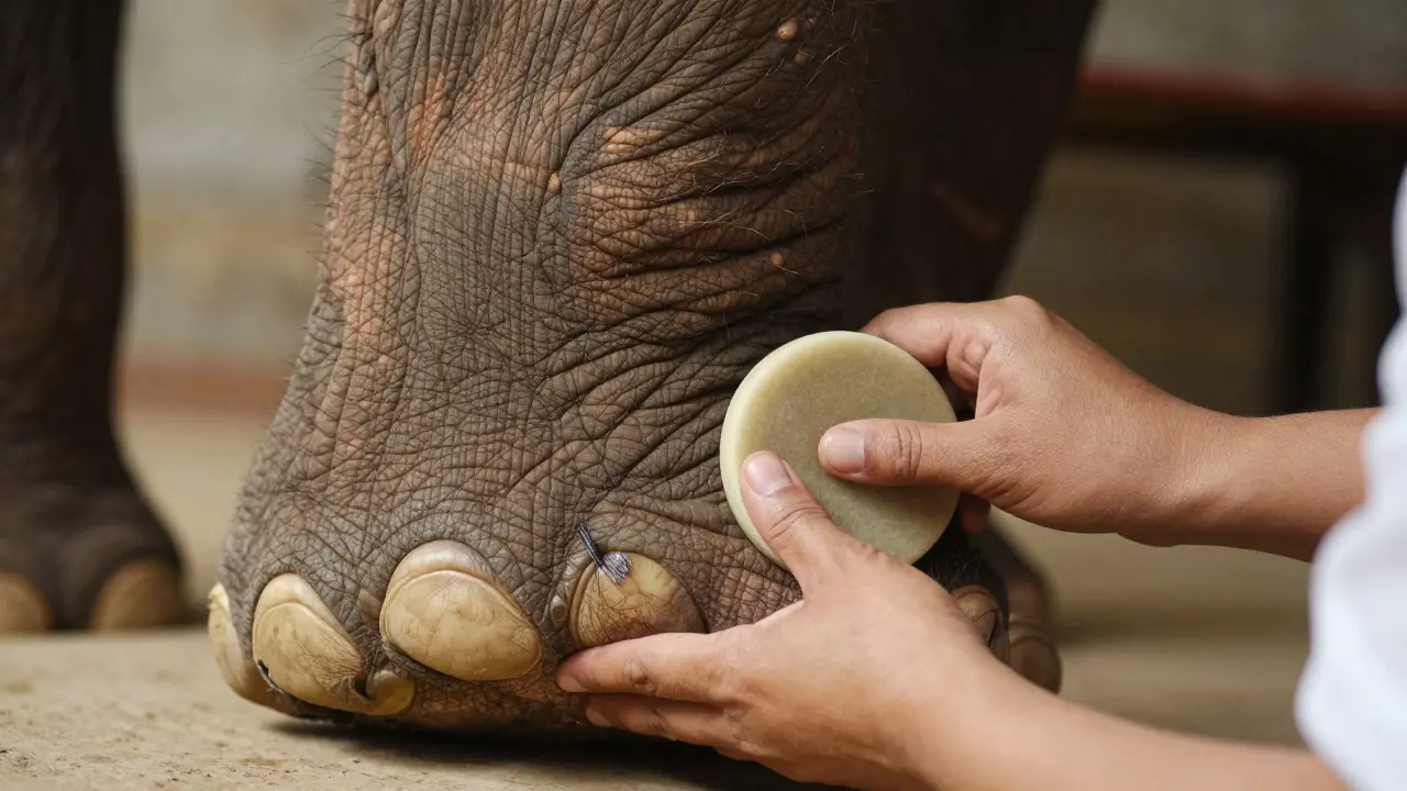 Detalle de la planta del pie de un elefante siendo masajeada con una herramienta suave para reducir inflamación.