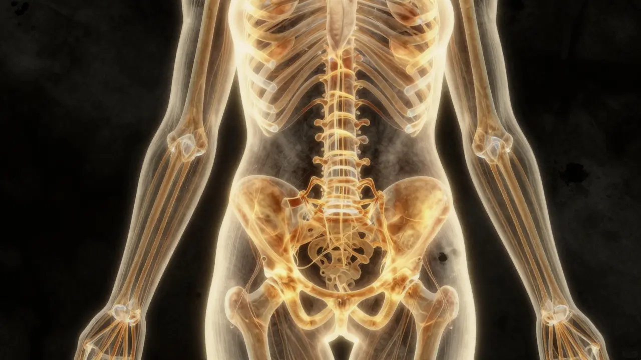 Ilustración del cuerpo humano con red de fascia brillante que resalta las cadenas de tensión en espalda, caderas y cuello.