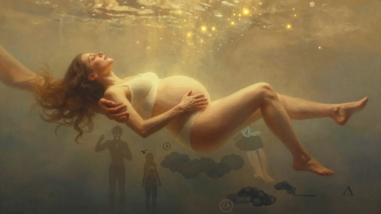 Imagen simbólica de una mujer embarazada rodeada de luz dorada mientras tensiones físicas se disuelven en bruma, representando alivio emocional y físico.