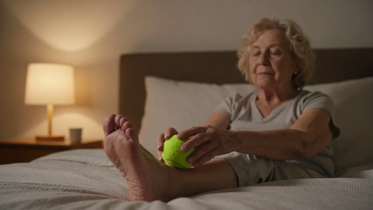 Mujer mayor masajeando la planta del pie con una pelota de tenis en la cama, en un ambiente nocturno sereno.