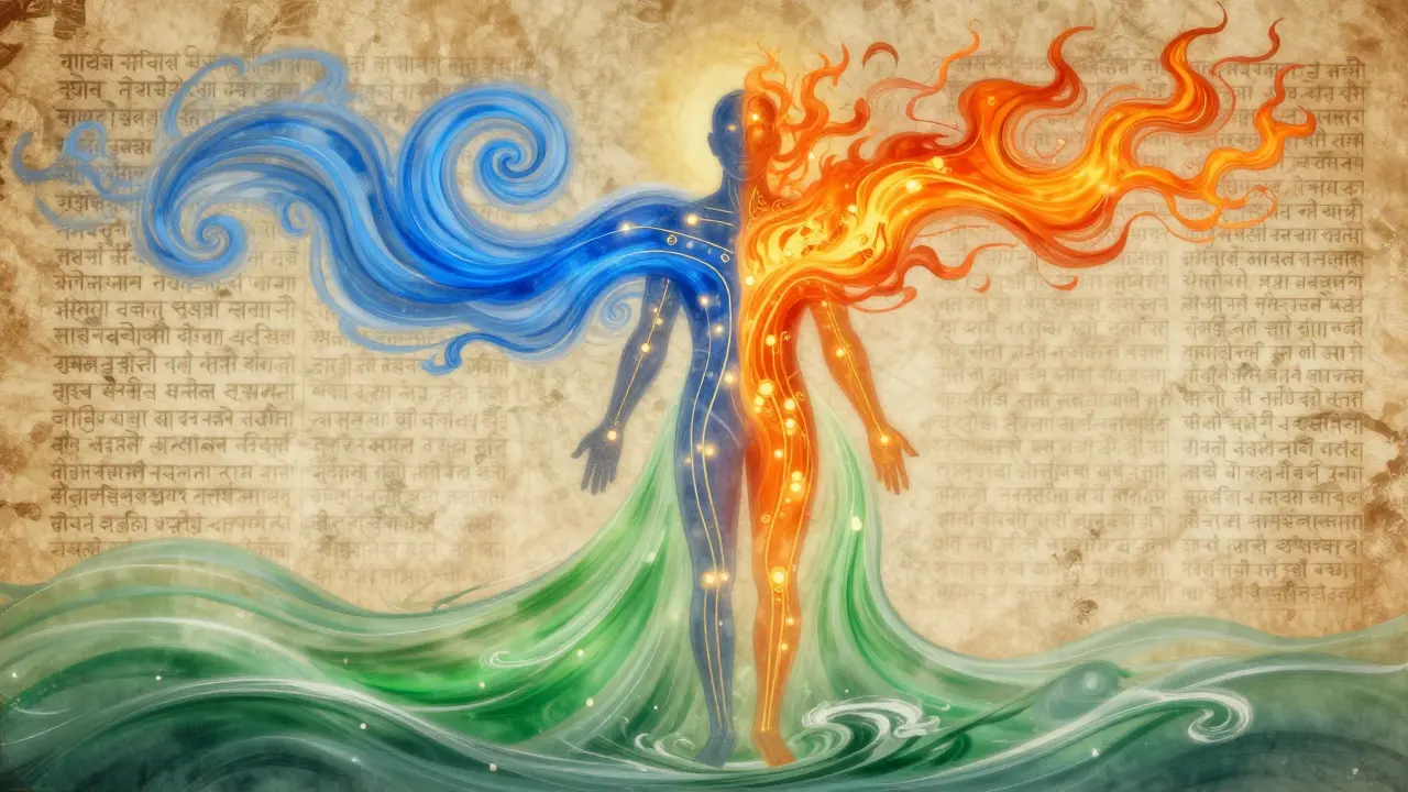 Silueta humana con tres flujos de energía representando los doshas, y puntos marma iluminados en un estilo espiritual.