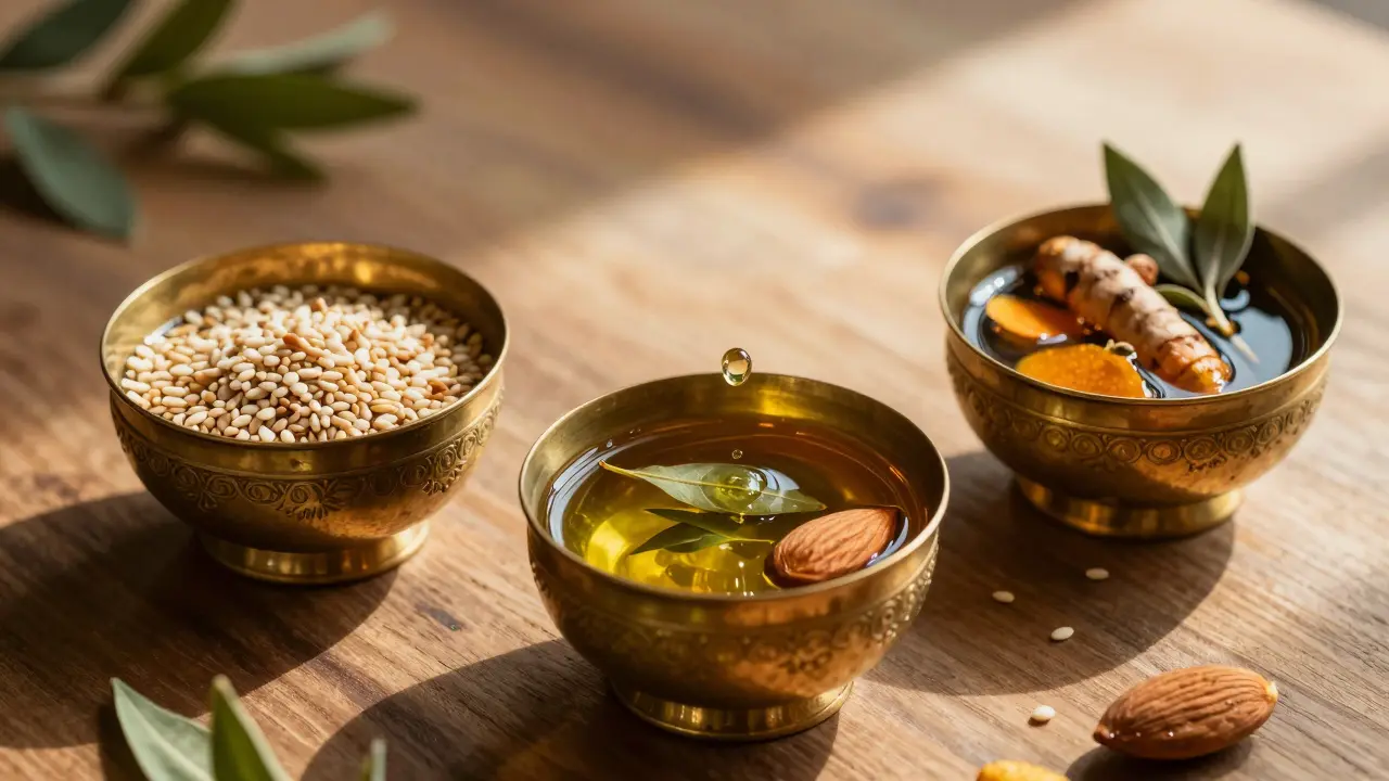 Tres aceites ayurvédicos tradicionales en recipientes de bronce, con hierbas medicinales visibles y gotas brillantes.