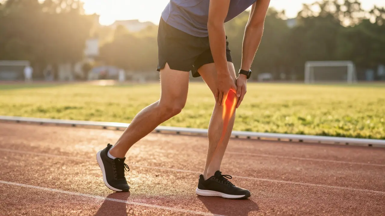 Corredor estirando el gemelo al amanecer en una pista.