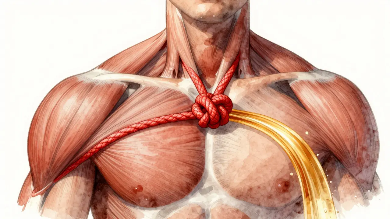 Cross-section of muscle showing a constricted trigger point with restored blood flow.