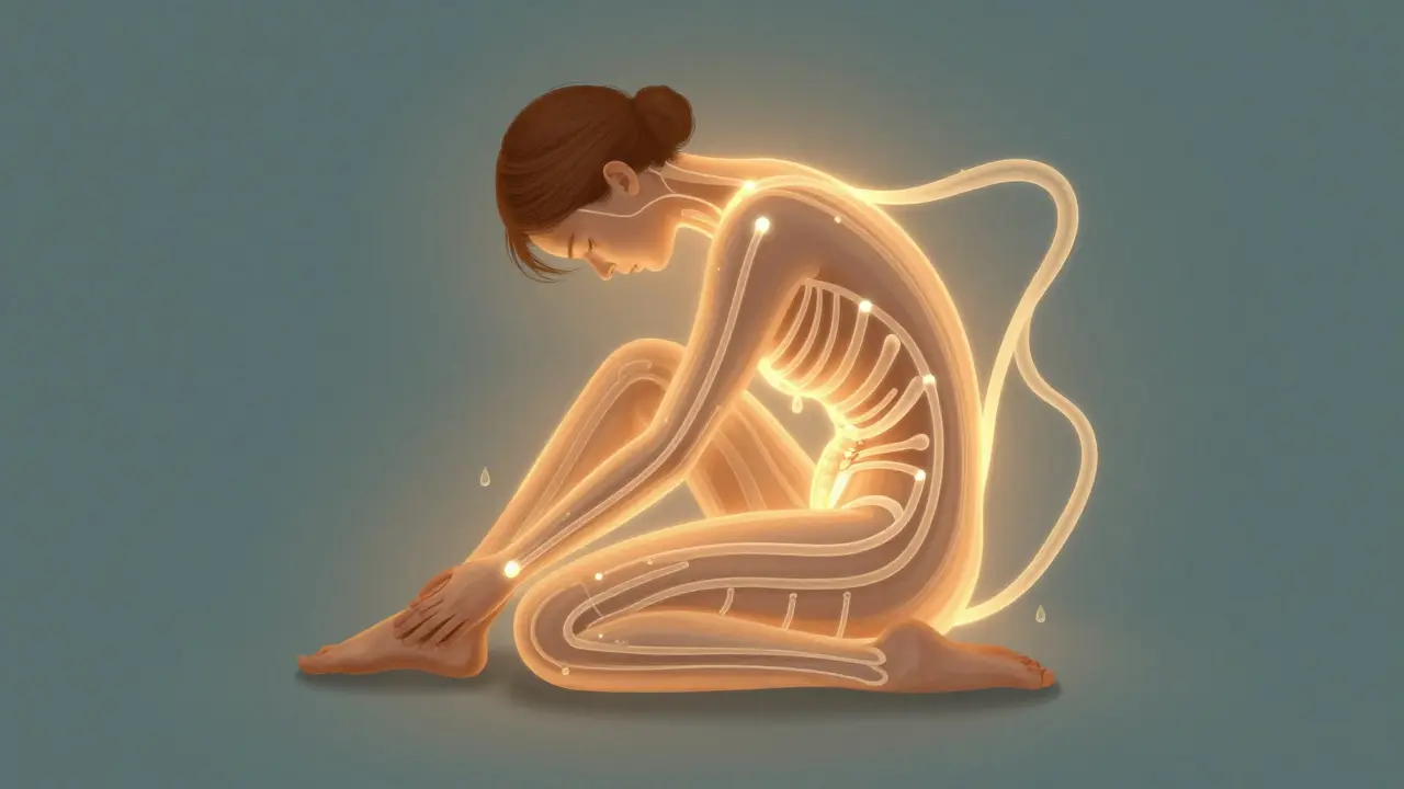 Líneas de luz que representan las cadenas fasciales desenredándose desde pies hasta cabeza, simbolizando sanación.