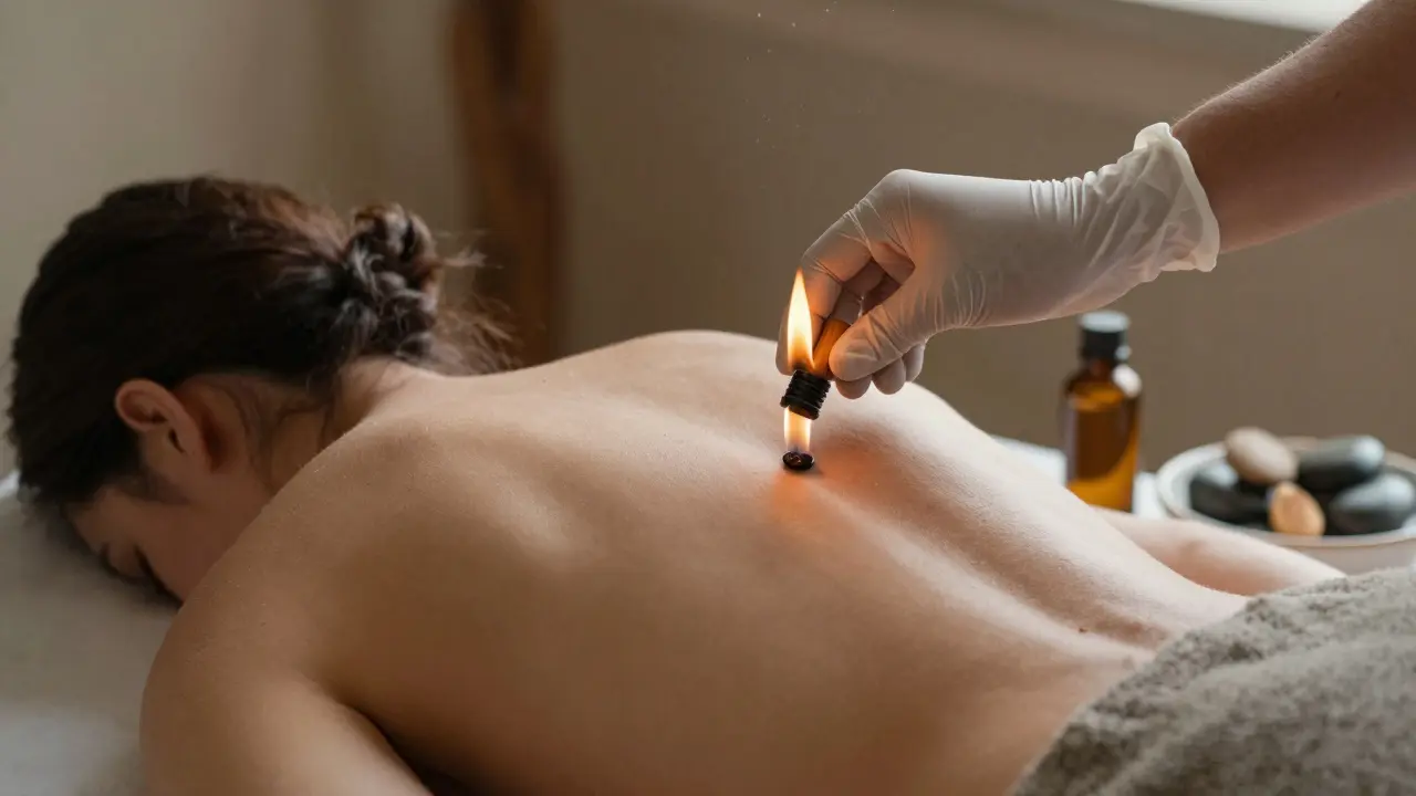 Mano con guante sosteniendo una llama suave cerca de la piel durante un masaje térmico.