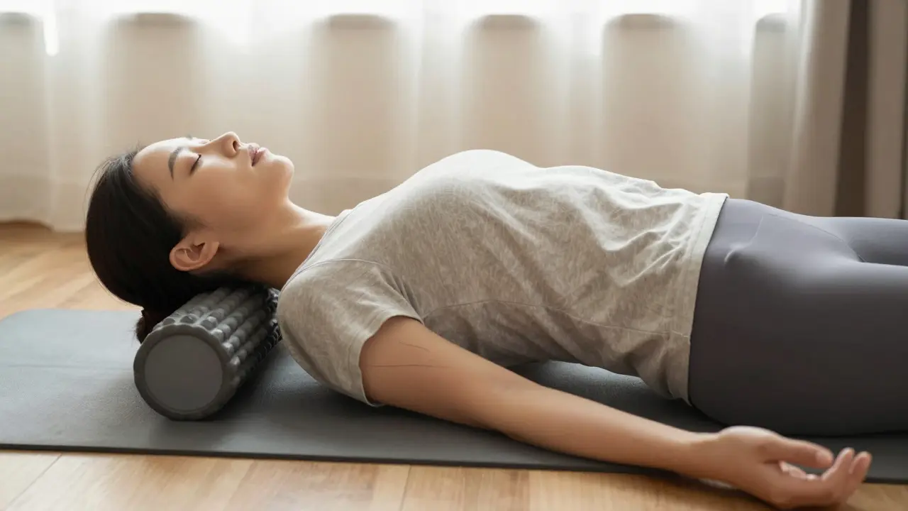 Persona usando foam roller bajo la cadera en un espacio tranquilo, con respiración profunda y calma.