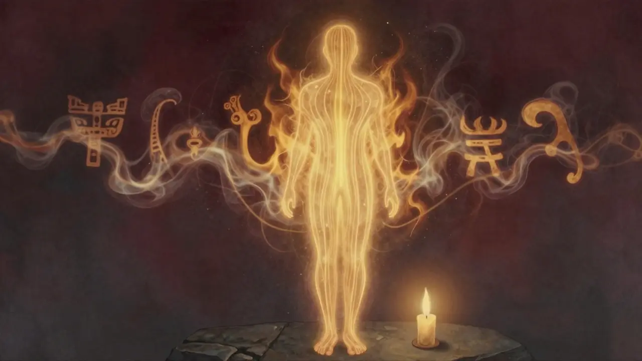 Silueta humana irradiando calor en forma de llamas abstractas, símbolo de sanación ancestral.