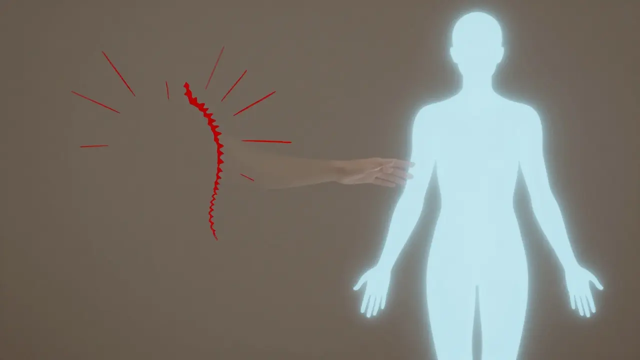 Silueta humana que pasa del estrés tensional a un estado de equilibrio suave, con una mano guiando sin forzar.