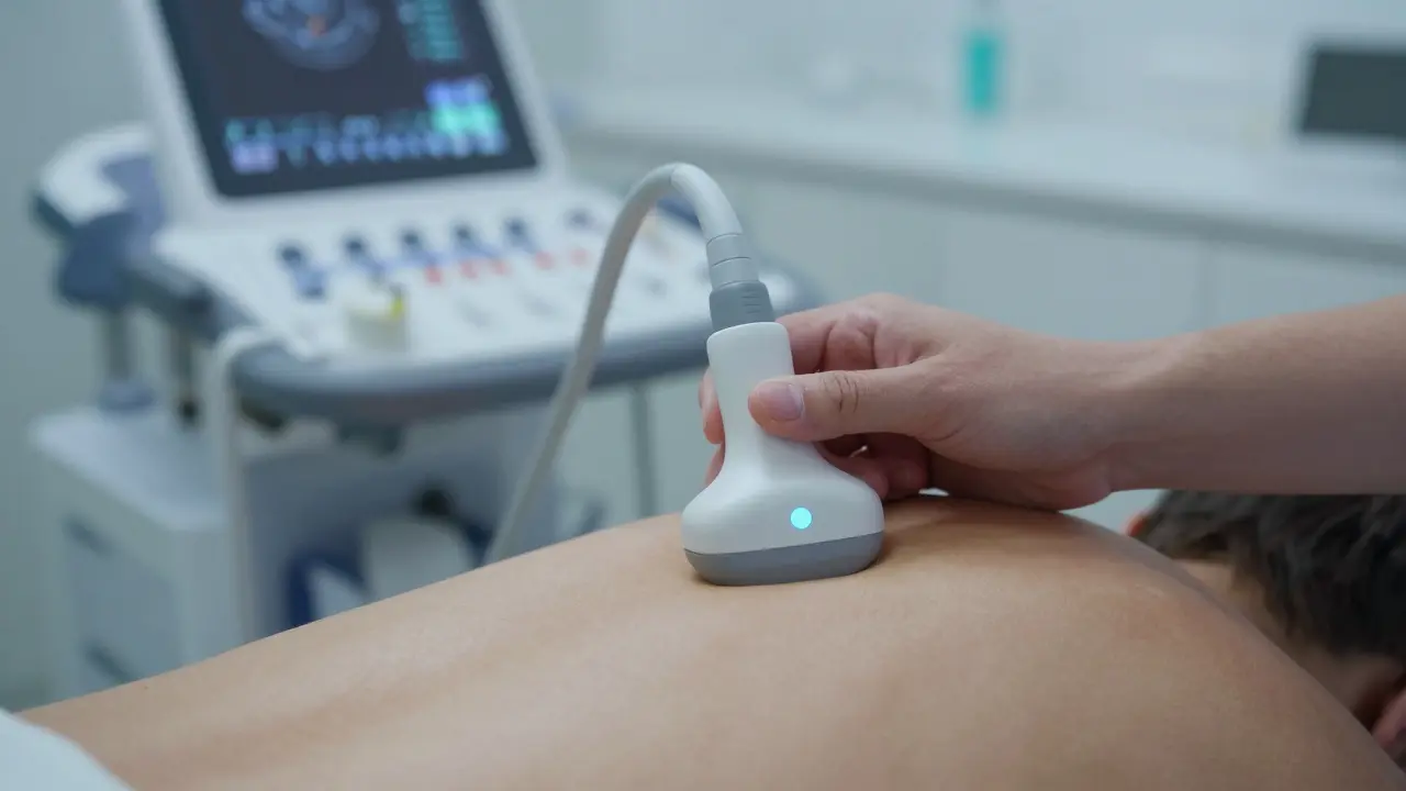 Terapeuta usando ultrasonido en un hombro en clínica.