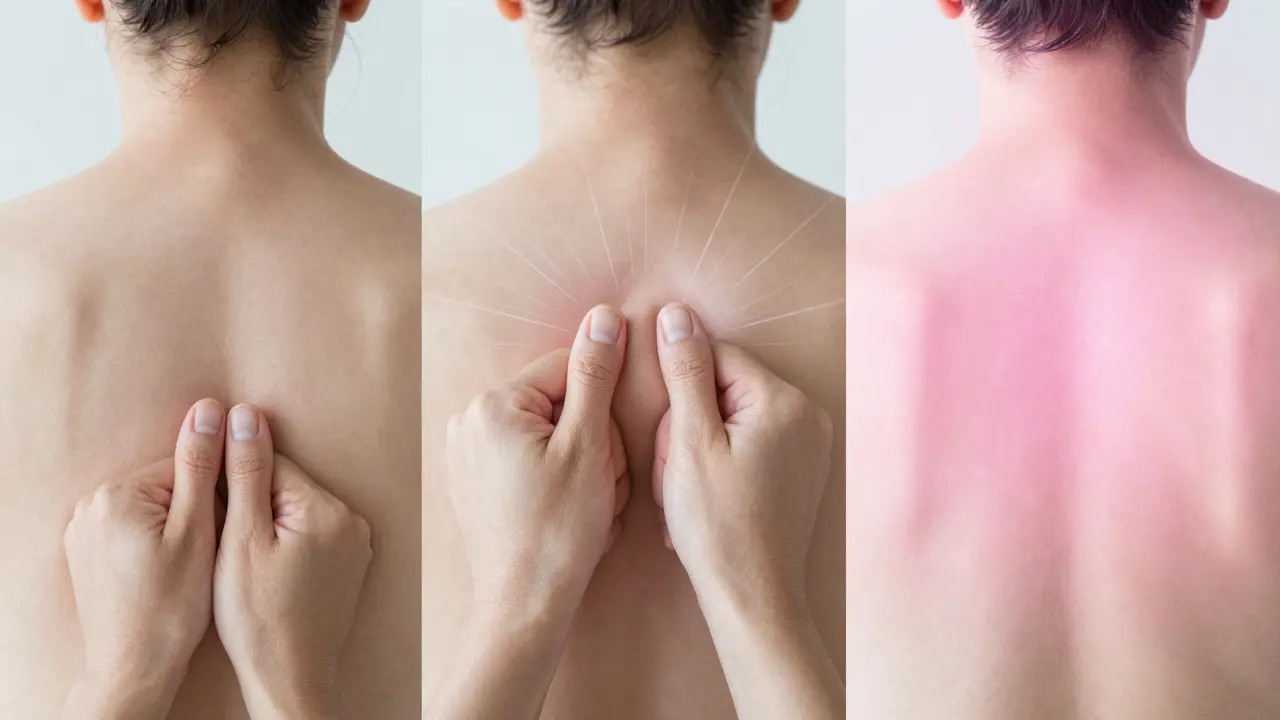 Three-panel visual showing a muscle knot being released and returning to a relaxed state.