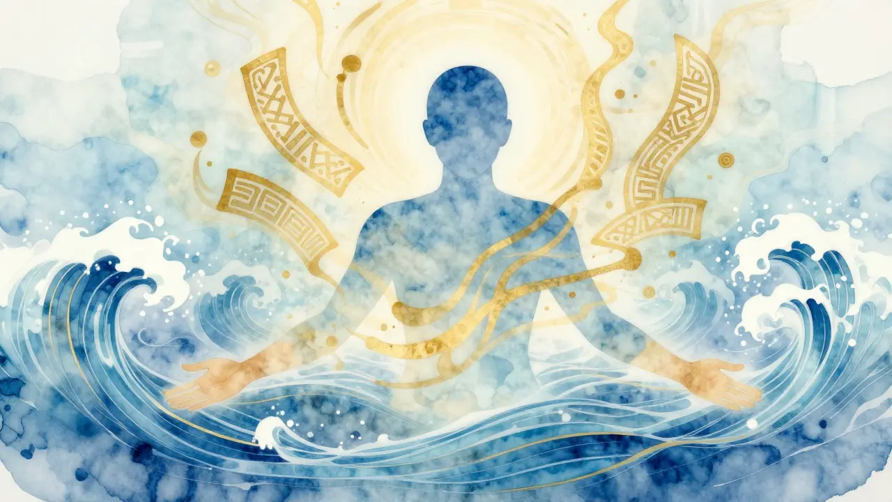 Una representación artística abstracta de ondas energéticas doradas y azules que abrazan un cuerpo, simbolizando sanación espiritual.