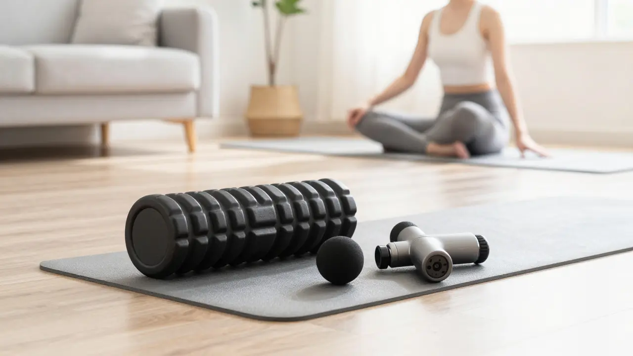 Conjunto de herramientas de auto-liberación: rodillo de espuma, pelota de lacrosse y pistola de masaje.