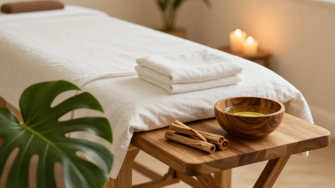Detalle de una sala de masaje con aceite de coco, sándalo y toallas blancas en ambiente cálido.