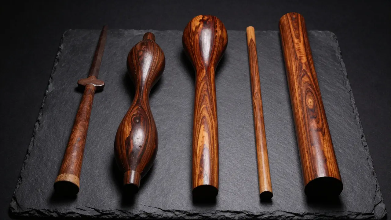 Diferentes tipos de garrotes africanos, incluyendo el rungu y el knobkerrie.