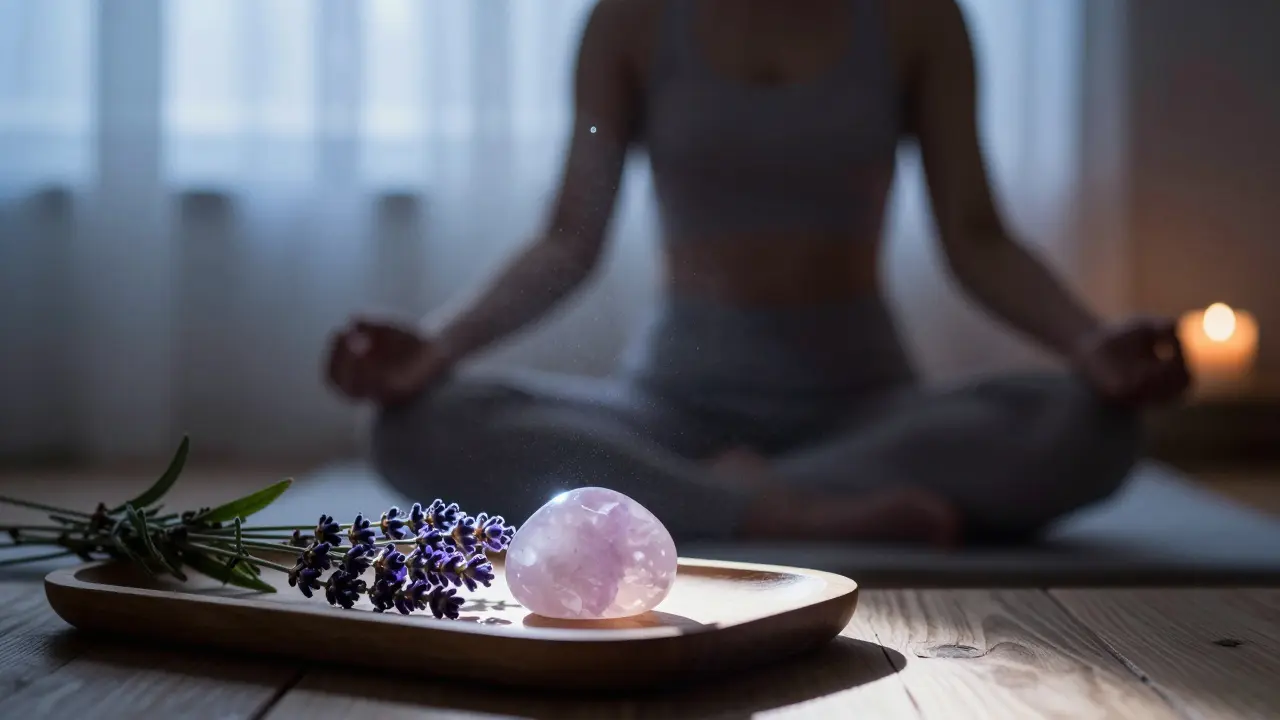 Escena relajante de bienestar con herramienta de piedra y flores frescas.