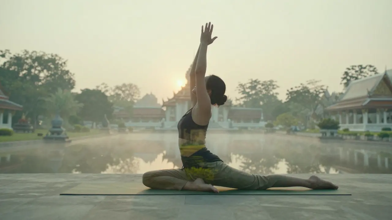 Imagen conceptual que combina un estiramiento corporal con un paisaje meditativo tranquilo.