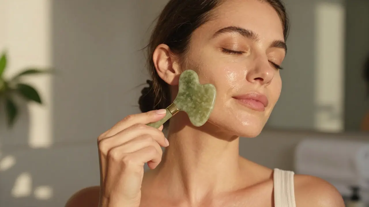 Mujer aplicando tratamiento facial con piedra suavemente en su rutina matutina.