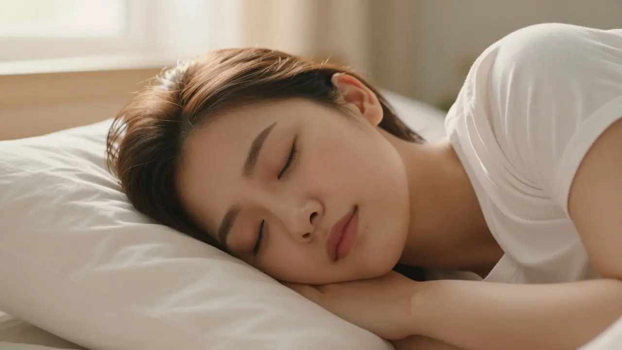 Persona durmiendo plácidamente con expresión de total tranquilidad y descanso.