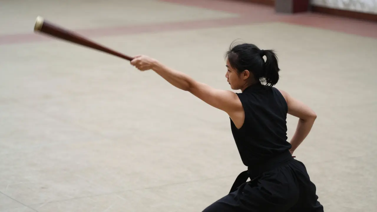 Persona ejecutando la técnica de golpe descendente con un rungu en movimiento.