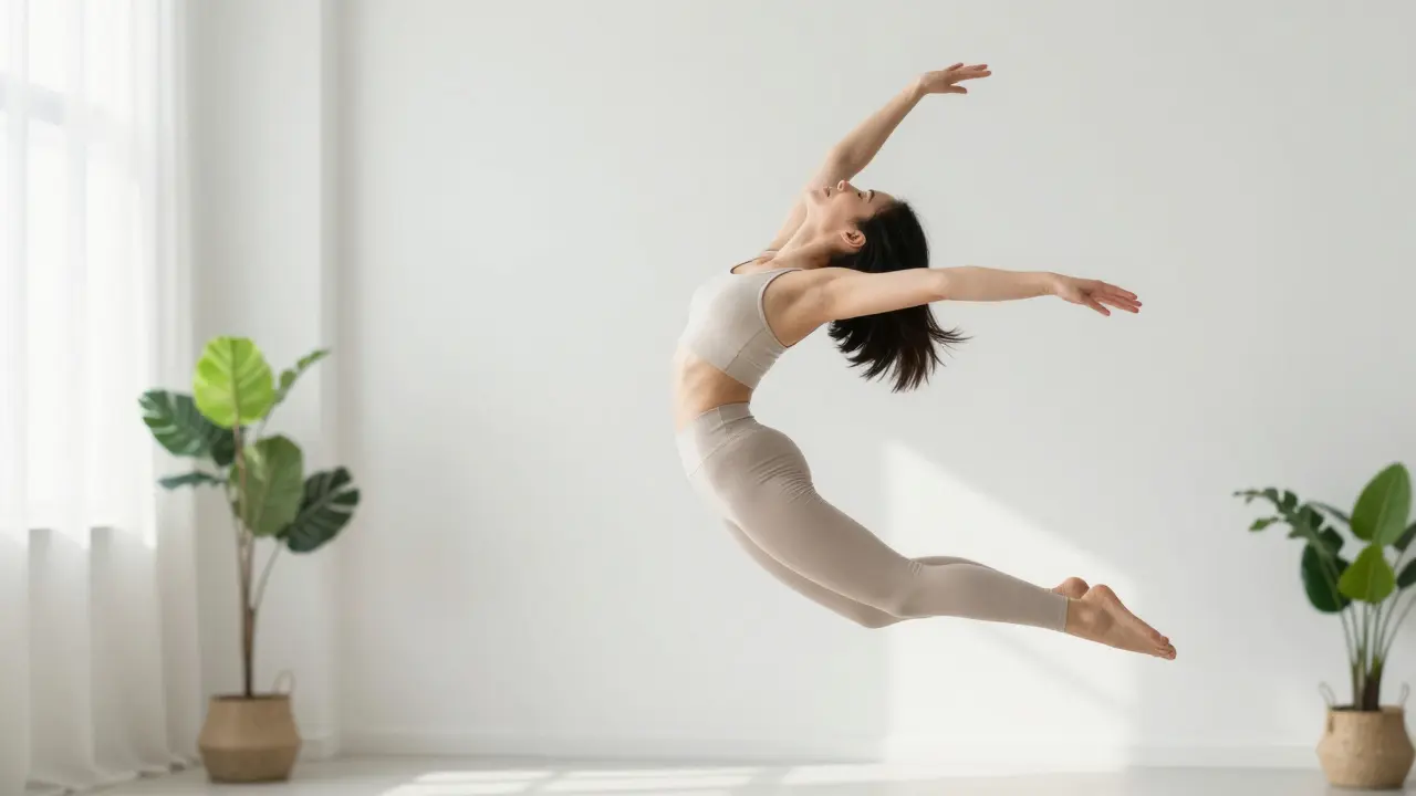 Persona en estado de relajación profunda y ligereza física en un entorno luminoso.