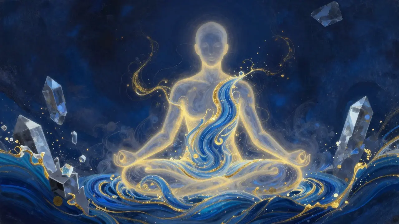 Representación artística de la energía Mana fluyendo y liberando bloqueos en un cuerpo humano.