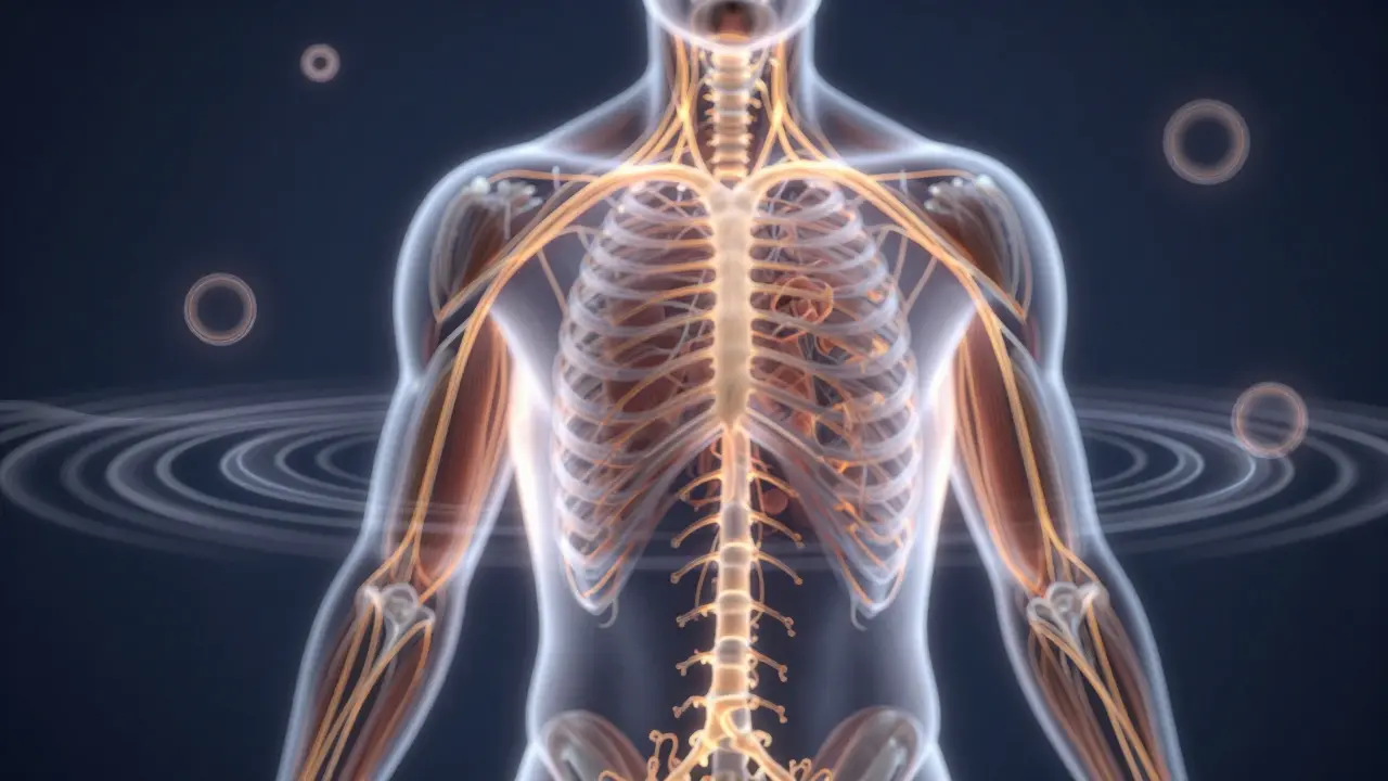 Representación artística del sistema nervioso con ondas rítmicas de equilibrio y armonía.