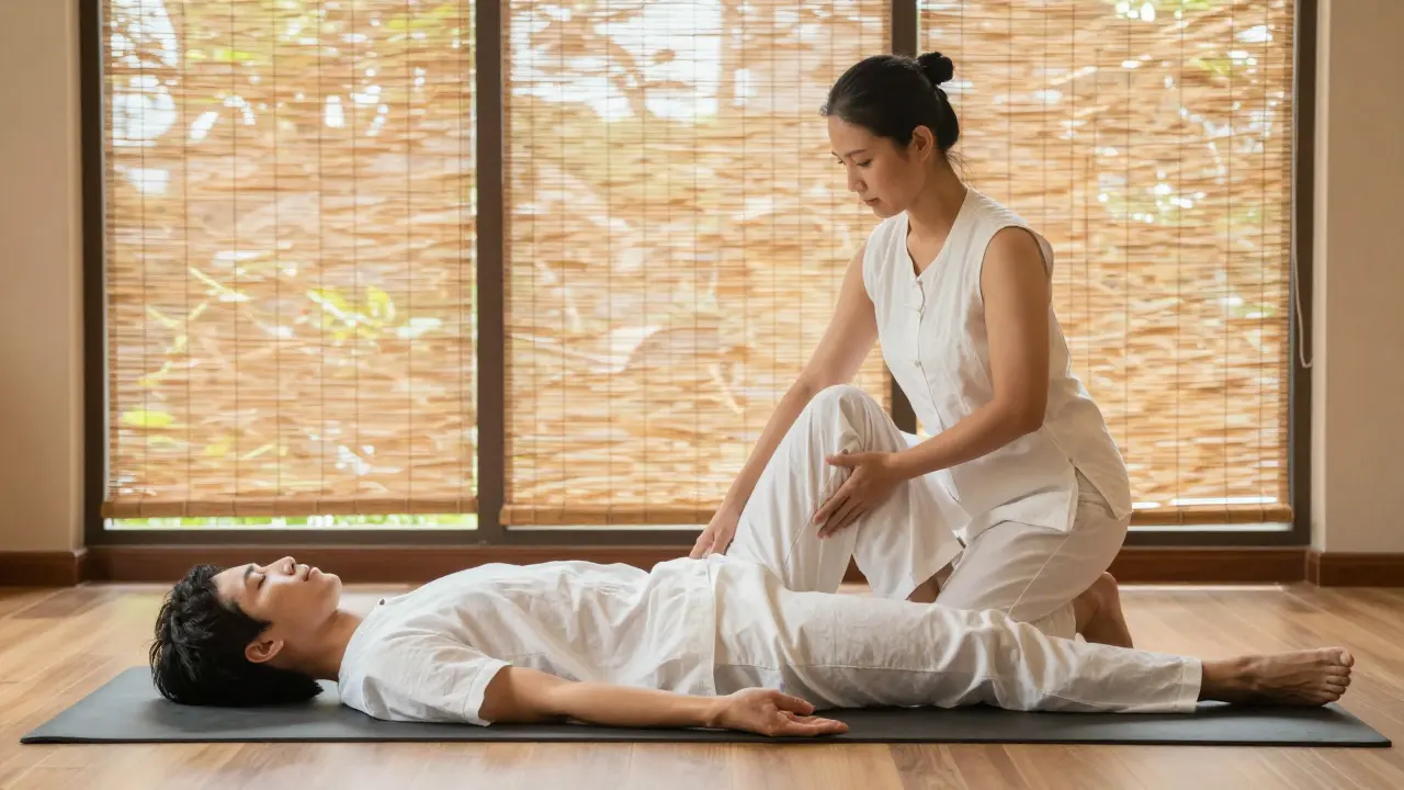 Terapeuta realizando un estiramiento de yoga pasivo a un cliente en un estudio zen.