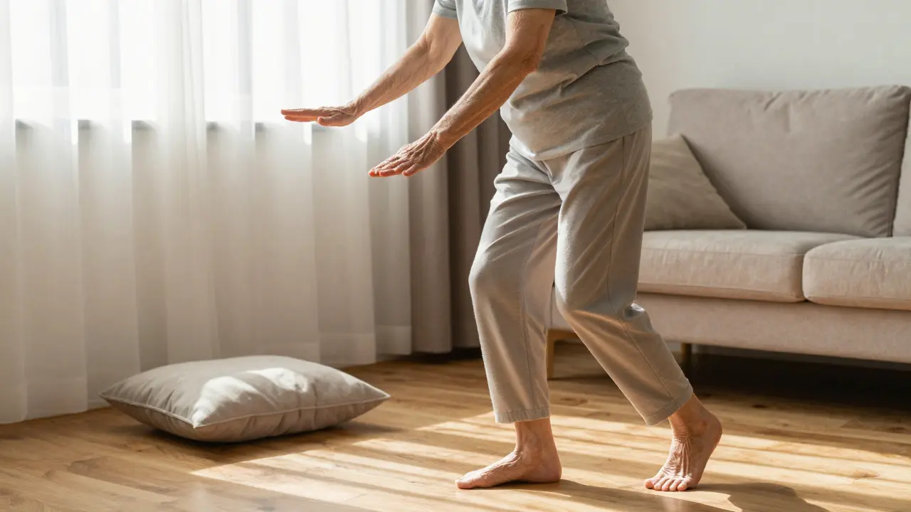 Adulto mayor realizando ejercicios suaves de Trager en casa con luz natural