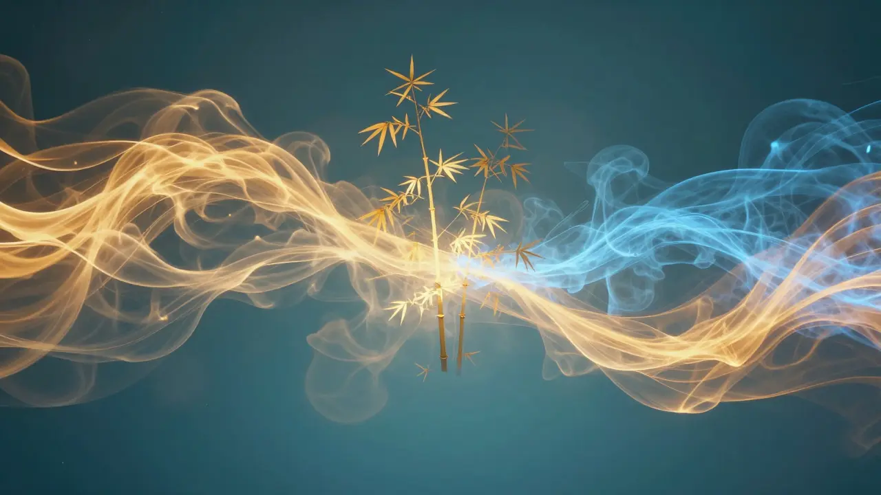 Arte abstracto de flujo energético con bambú y colores cálidos
