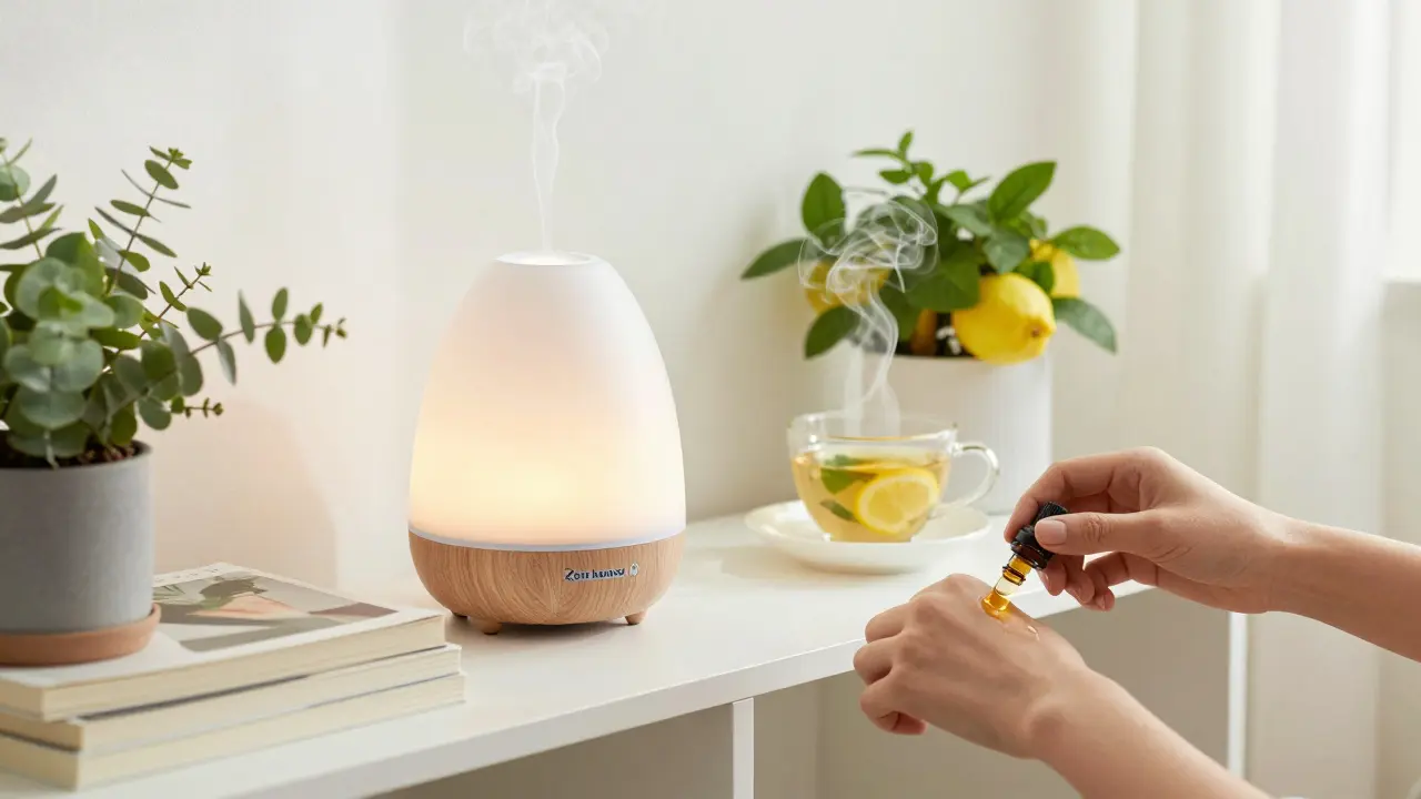 Esquina acogedora con difusor de aromaterapia, plantas y manos aplicando aceite en muñecas.