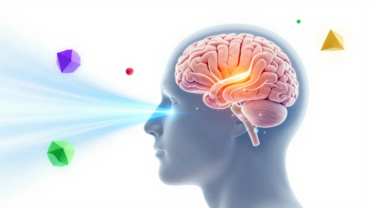 Ilustración conceptual del cerebro humano mostrando la conexión olfativa con el sistema límbico.
