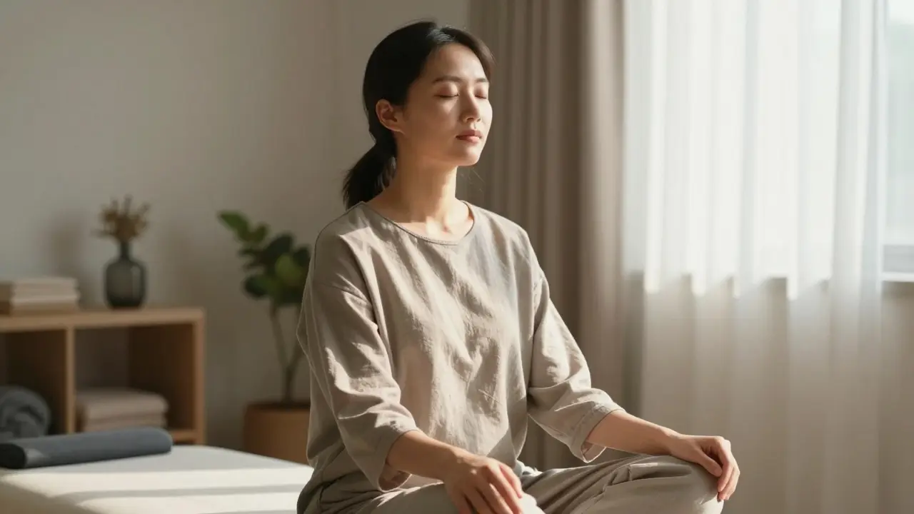 Mujer sentada en calma profunda, disfrutando de la relajación mental y emocional en una terapia holística.