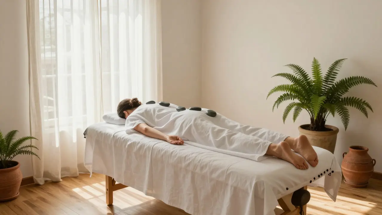 Persona relajada en mesa de masaje con piedras calientes en sala zen
