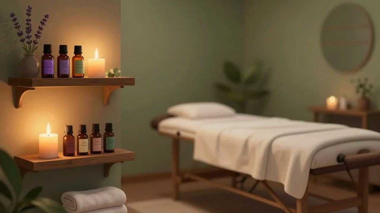 Sala de masaje tranquila con aceites esenciales y luz tenue