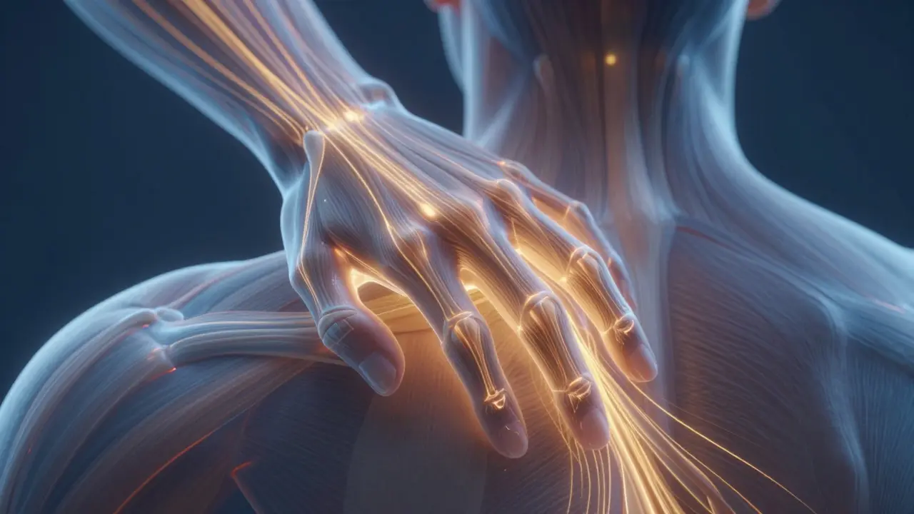 Ilustración conceptual de manos detectando energía y tensión muscular con luz dorada