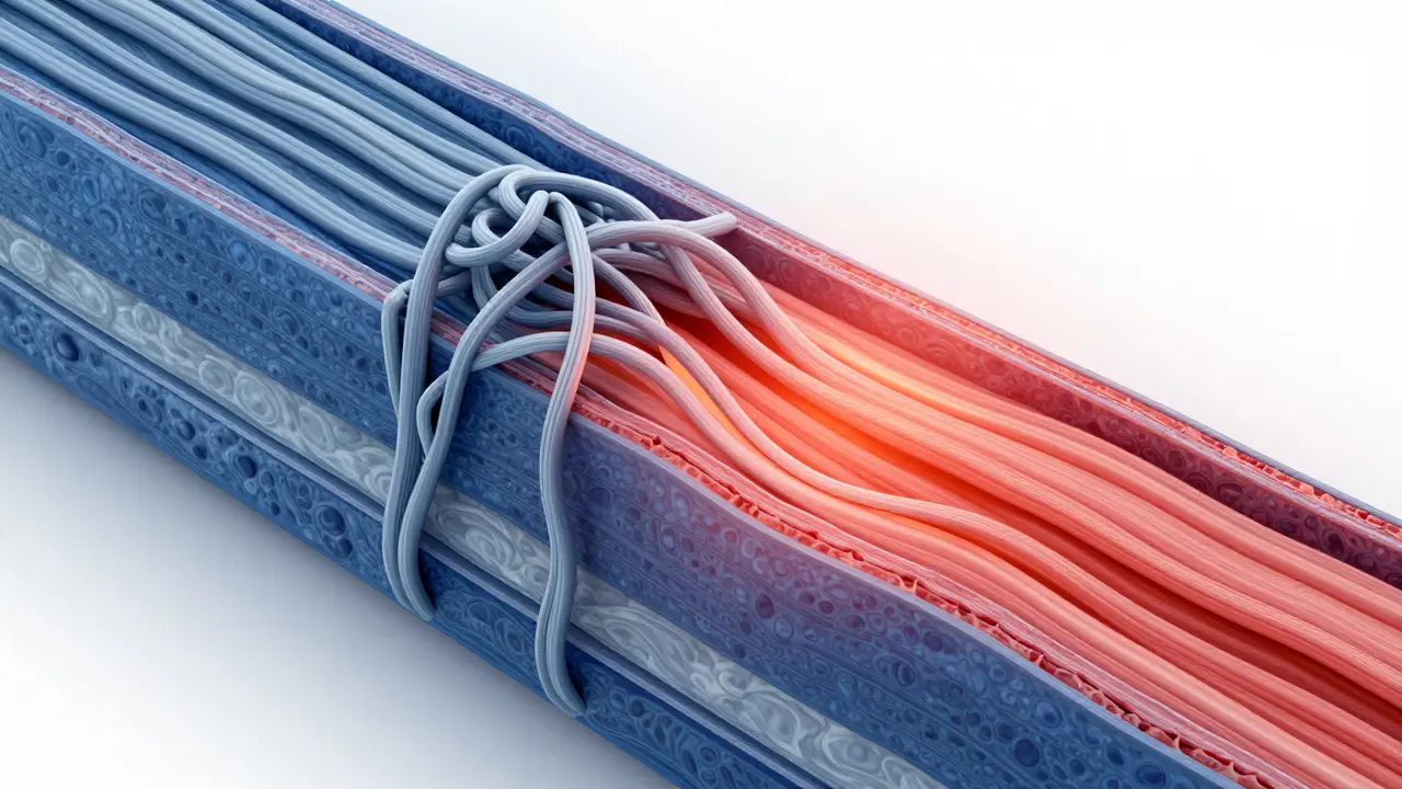 Ilustración conceptual de tejido fascial sanando y fibras de colágeno alineadas