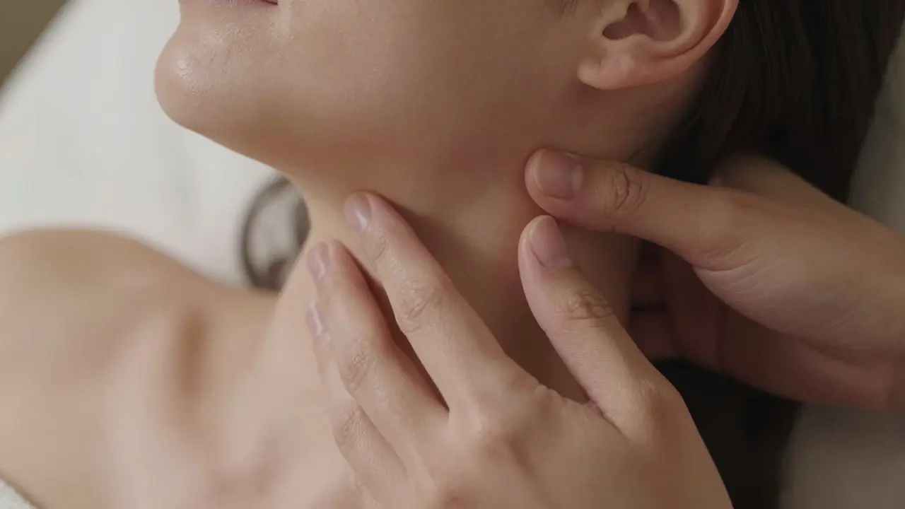 Manos realizando el movimiento lento de drenaje en el cuello y mandíbula