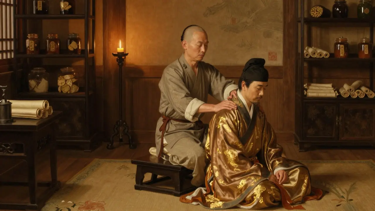 Pintura histórica de un masaje en la antigua China durante la dinastía Tang
