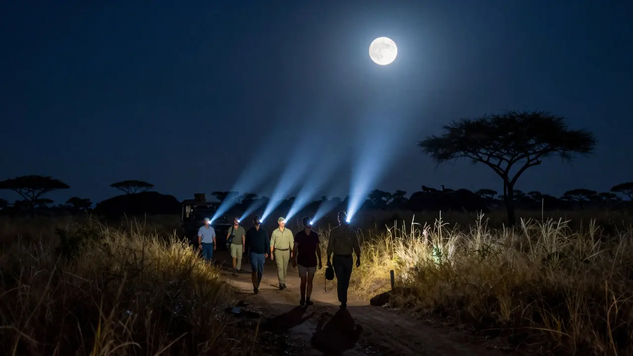 Safari nocturno guiado a pie bajo la luna llena en Tanzania