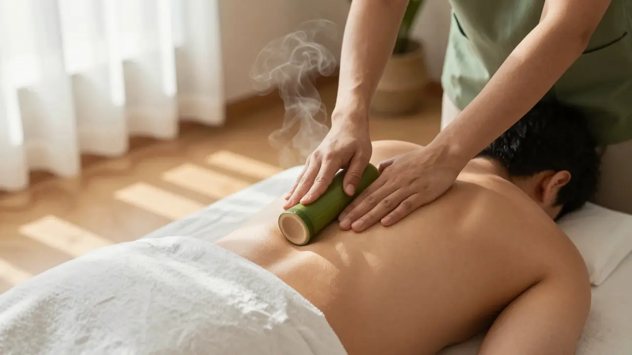 Terapeuta aplicando masaje con bambú caliente sobre la espalda