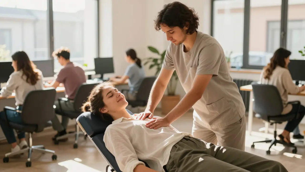 Terapeuta realizando masaje en silla a un empleado vestido en la oficina