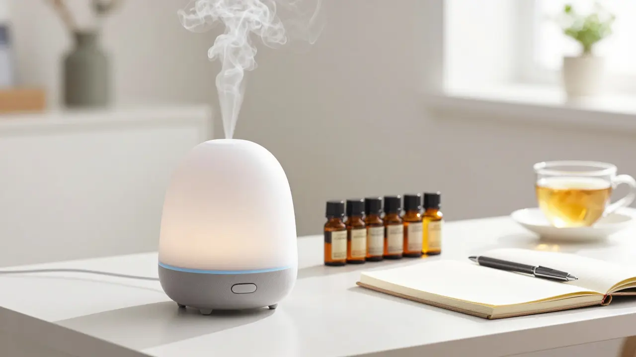 Difusor ultrasónico emitiendo vapor en una mesa limpia