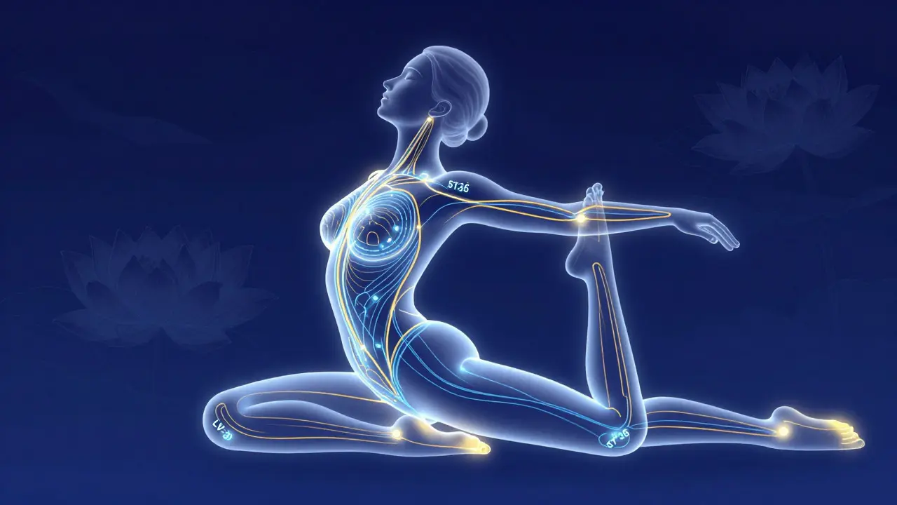 Ilustración conceptual de meridianos de energía Qi fluyendo por un cuerpo en yoga