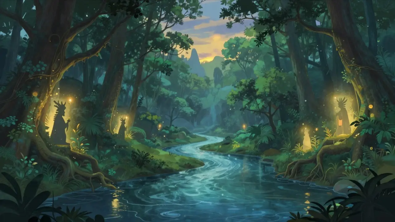 Paisaje místico con ríos y bosques que simbolizan la espiritualidad y el equilibrio de Hakali.